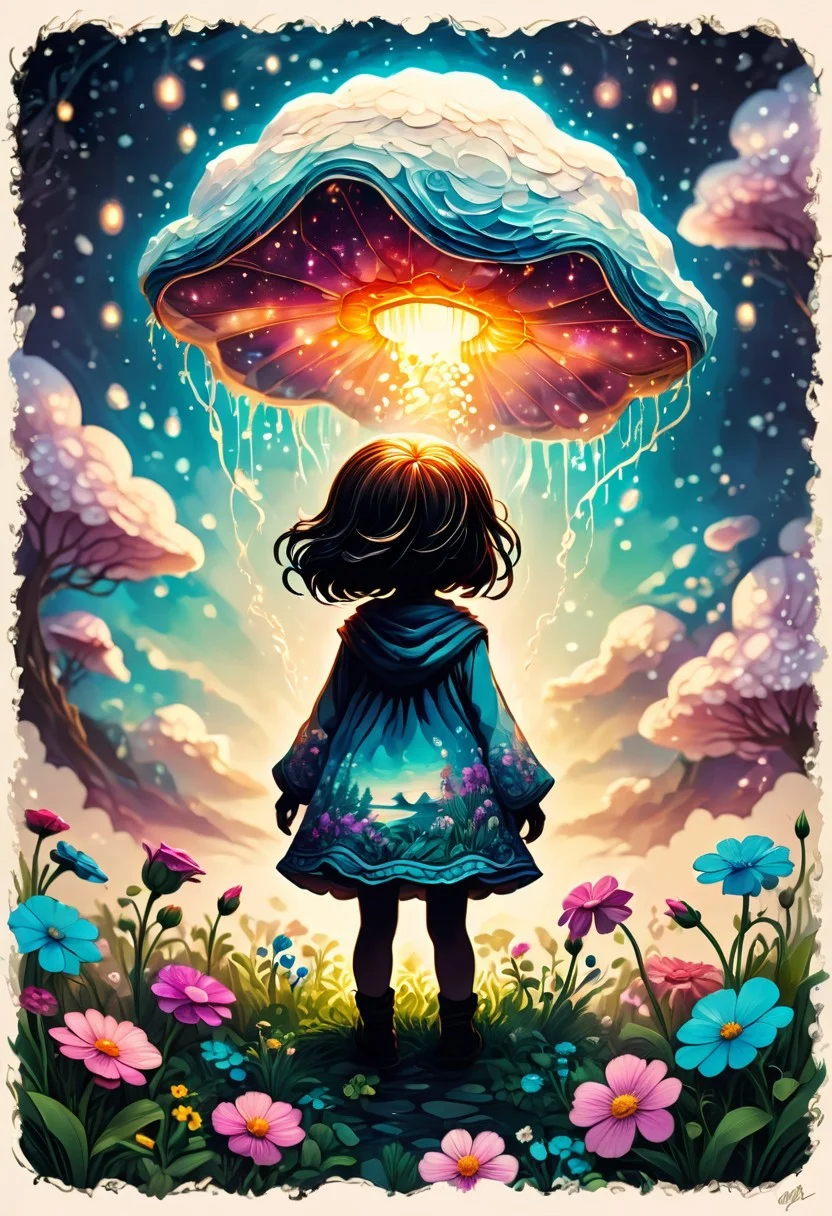happy marhmallows, silhouette,chibi, ambient light, nature art, hexagonal , with awning embroidery, spring garden, Hurricane, Sketched, mosaic, Sepia filter, organic, detailed, deep rich colors, fine detail, luxury, cinematic, positive emotional