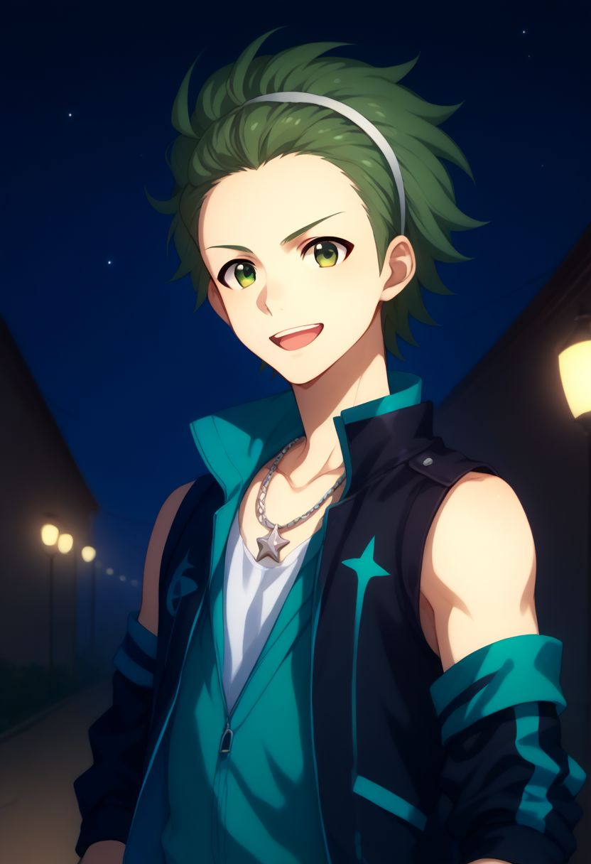 score_9, score_8_up, score_7_up, source_anime, highly detailed, 
mitarai, 1boy, male focus, green hair, green eyes, solo, fingerless gloves, gloves, smile, jewelry, open mouth, necklace,
hairband, sleeveless, shirt, jacket, upper body,
blue blackground, stars (symbol), lights,