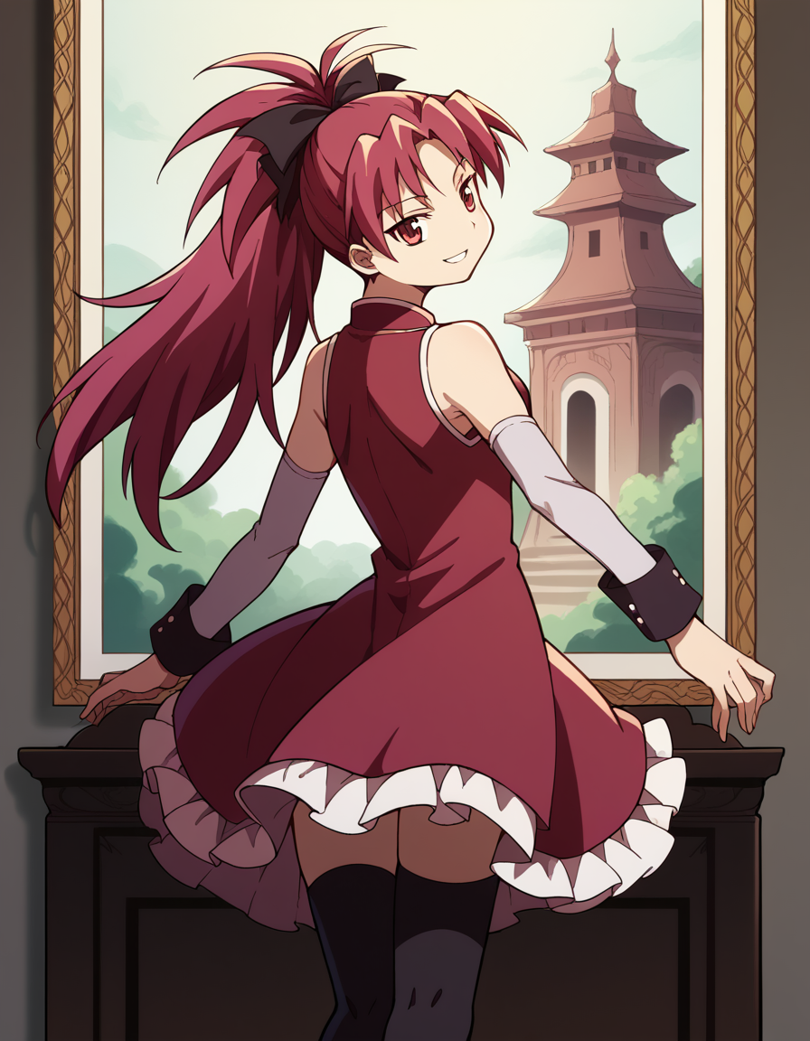 score_9, score_8_up, score_7_up, source_anime, <lora:kyouko-sakura-s1-ponyxl-lora-nochekaiser:1>, kyouko sakura, long hair, red eyes, ponytail, hair bow, red hair,, thighhighs, bare shoulders, detached sleeves, black thighhighs, magical girl,, art gallery, paintings, sculptures, exhibits, quiet, smile, <lora:shaft-look-ponyxl-lora-nochekaiser:1>, shaft look, looking back, from behind, head tilt,, looking at viewer, solo,, dutch angle, cowboy shot