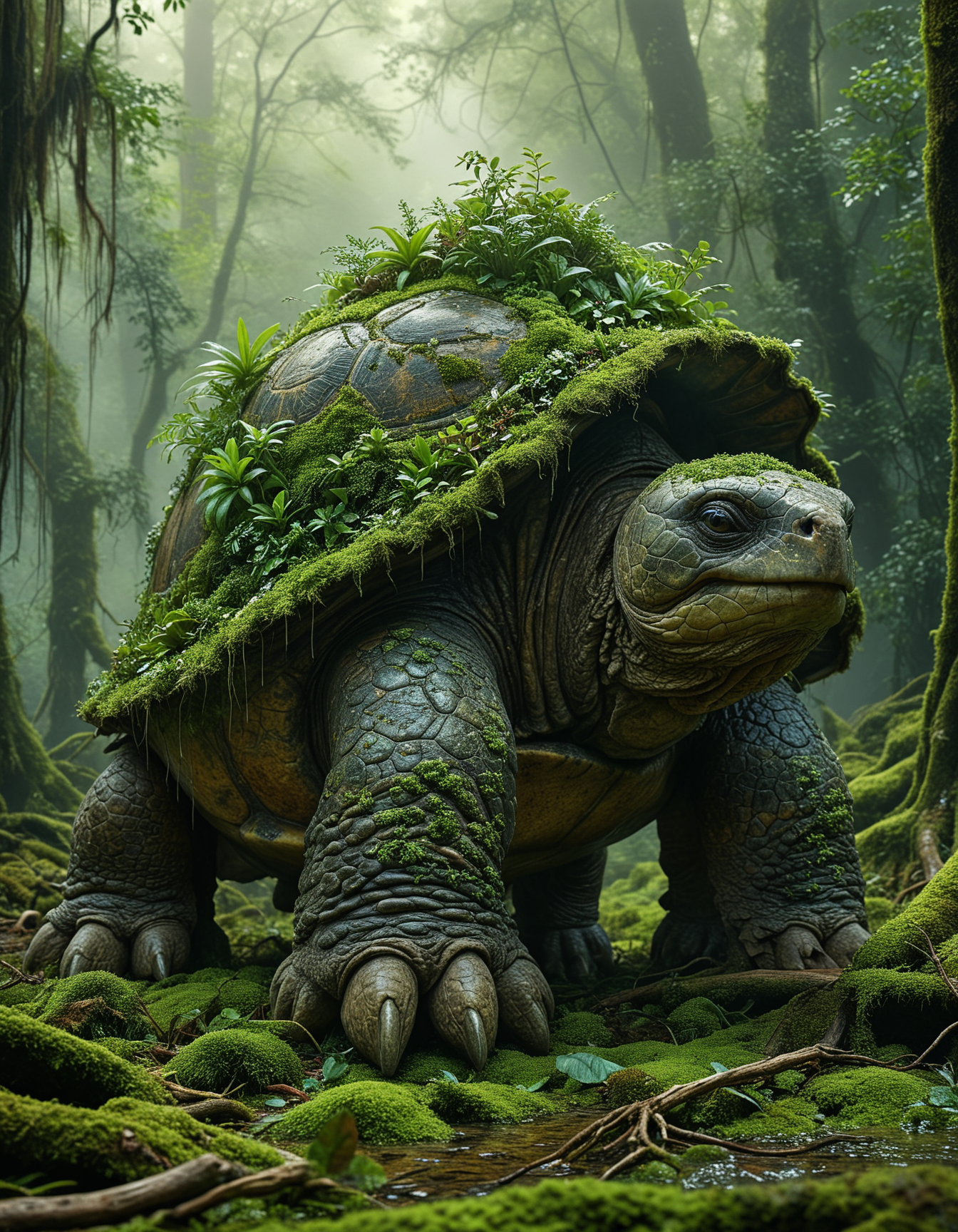 detailed scene, colossal ancient turtle creature standing in a lush misty forest, the creature's massive moss-covered shell is adorned with small plants and vines, blending with its natural surroundings, it has a thick sturdy legs and sharp claws, showing signs of age and strength, The creature's wise weathered face peers forward, ancient wisdom and power, Around the creature a serene verdant forest landscape with towering trees, dense foliage, mist envelops the scene, atmosphere of enchantment and tranquility, <lora:MJ52:0.5>, <lora:add-detail-xl:1>