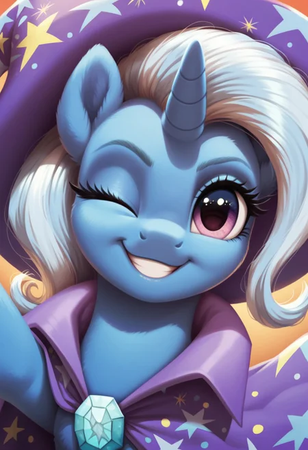 score_9, score_8_up, score_7_up, score_6_up, score_5_up, score_4_up, my little pony, ((feral pony)), Trixie, 1girl, ((solo)), (sexy), beautiful, detailed, (detailed cute pony face), detailed eyes, detailed fur, detailed hooves, beautiful, vector, flat colors, (beautiful long eyelashes), (beautiful hooves), simple background, colorful background, (looking at you, looking at viewer:1.5), selfie, smiling, one eye closed, ((close-up)), high angle