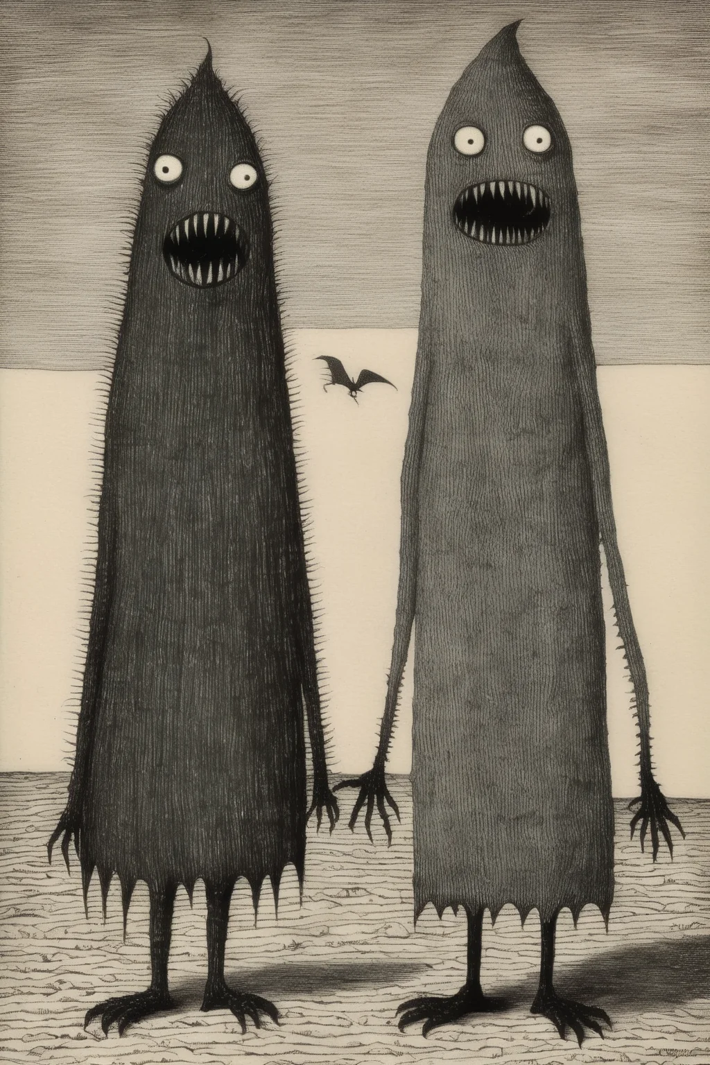 <lora:Edward Gorey Style:1>Edward Gorey Style - EdwardGorey Two monstrous, creepy, death-prone people who get along well.