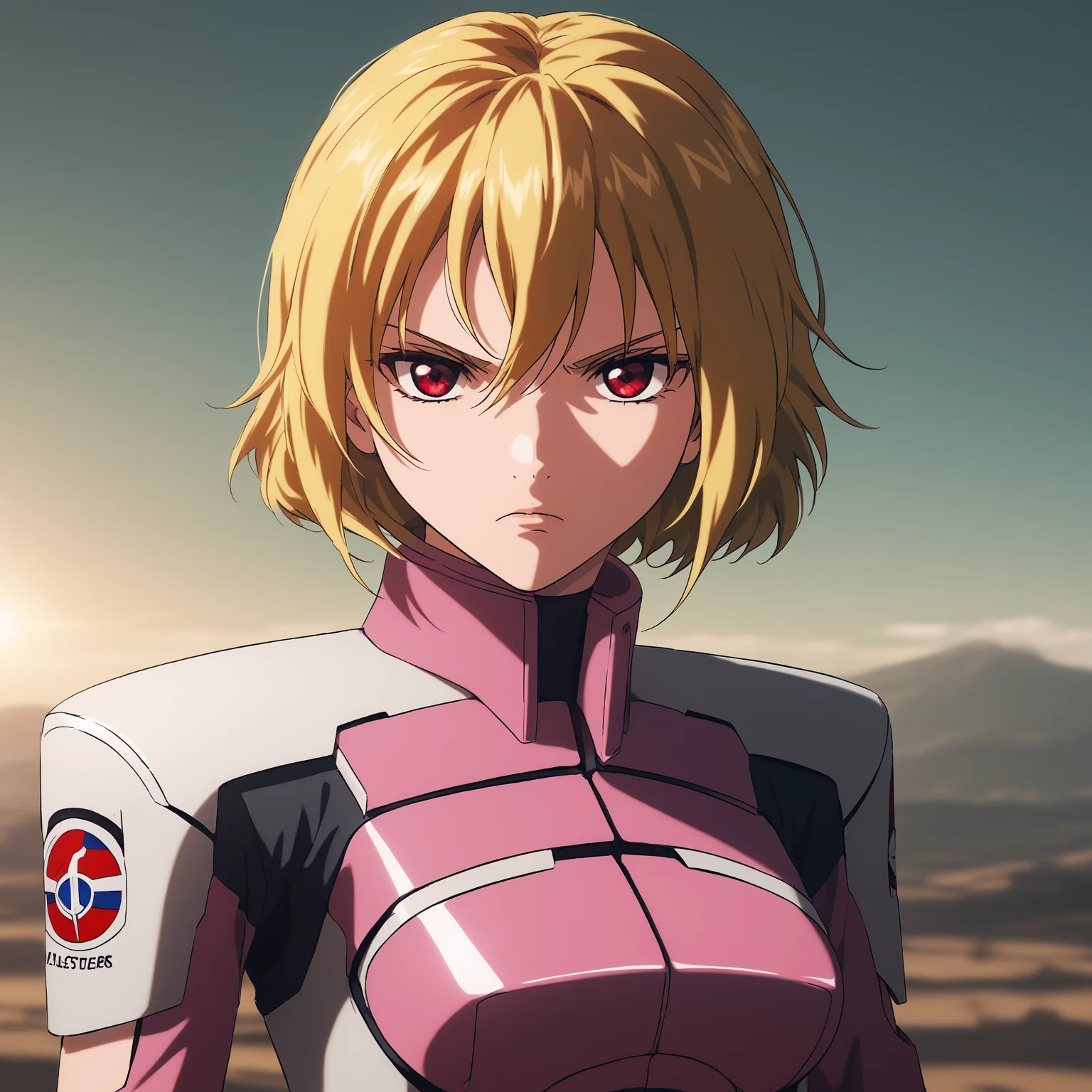score_9, score_8_up, score_7_up, (masterpiece, best quality:1.2), volumetric lighting, uncensored, beautiful art, good anatomy, 
1girl, Stella Loussier, solo, blonde hair, short hair, red eyes,
#(orgasm face, blushing, pleasure, half-closed eye, sweat, steaming body),
#(shame face, blushing, embarrassed, half-closed eyes,panic,fear, closed mouth, drop sweat:1.1),
#(half-closed eyes, blushing, sweatdrop, puff, nervous),
#(steaming face, blushing, stifled, let go, half-closed eye, looking pleasure),
#(reculant orgasm, blushing, at her limit, [looking pleasure], looking away, steaming body:1.3),
#(drunk face, blushing),
#(relax face, blushing, lounging, slutty),
#(blushing, innoncent, finger to mouth)
#(blushing, steaming body, half eyes closed, open mouth, embarrassed:1.2),
#(blushing face, confusion, cross-eyed, shocked),
#(disgust, blush, blushing, open mouth, taers:1.2),
#(seductive, blushing, half-closed eyes, saliva:1.2),
#(tickle eyes, tickle face, blushing, tickle tears, laughing a lot, tears, closed eyes:1.2)
#(hard work, orgasm face, half-closed eye, wink, steaming body, slutty, blushing, pleasure, maximum effort:1.2)
#(sleepy face, half-closed eyes, one_eye_halfway_closed, rubbing eyes, closed mouth, saliva drip:1.2)
(serious, befor battle, incredelous:1.2),
(medium breasts, #nipples, swooping breasts, perky breasts),
(petite, small hips, small ass, slim bum, thigh gap, slim thighs, slim legs:1.2),
#(pussy, clitoris, anus, pubic hair, blushing)
pink pilot suit, white boots, military base,
<embedding:detailxl:1>, detailxl,
