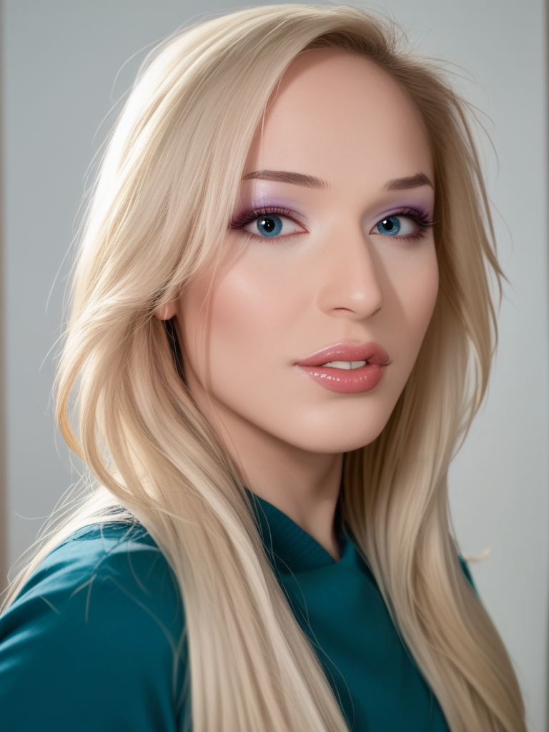 score_9, score_8_up, score_7_up, Khlo3H4rt, Khloe Hart, <lora:Khlo3H4rt-pony:1>,  1girl, makeup, lips, long hair, big lips, parted lips, lipgloss, teeth, (bobbed hair), blonde hair, blue blouse, portrait, solo, looking at viewer, bokeh, focus, film, velvia, artistic, best quality, photograph, focus