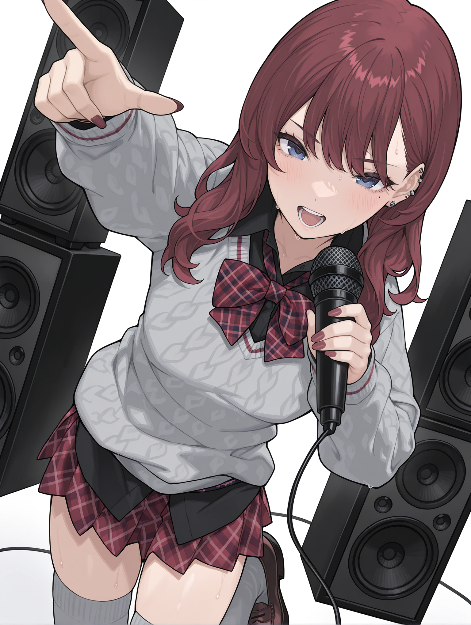 masterpiece,best quality,newest,
1girl,solo,
<lora:natsuki-karin_gs_ilxl_v1.2:1>,n_karin,long hair,blue eyes,mole under eye,piercing,red nails,
sg_clothes,grey sweater,red checked bowtie,black shirt,untucked_shirt,plaid red skirt,gray thigh high socks,brown loafers,
<lora:Fixhands_anime_bdsqlsz_V1:1>,knee_up,singing,dancing,light_blush,sweat,dynamic_angle,cinematic_angle,speaker,microphone,holding_microphone,serious,cowboy_shot,looking_at_viewer,reaching,pointing_at_viewer,laughing,simple_background,white background,face_focus,