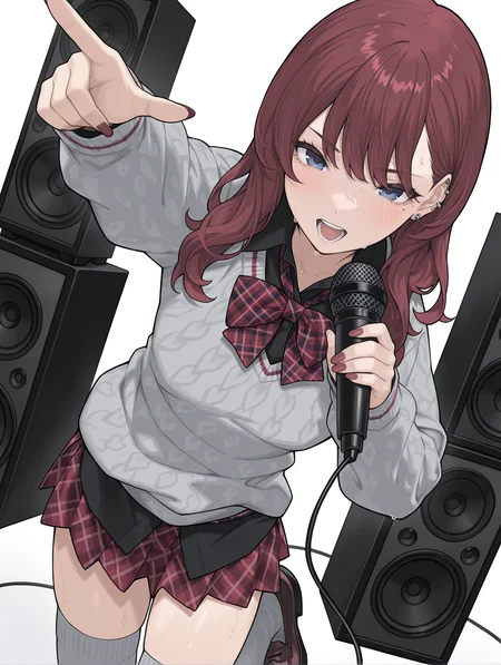 masterpiece,best quality,newest,
1girl,solo,
<lora:natsuki-karin_gs_ilxl_v1.2:1>,n_karin,long hair,blue eyes,mole under eye,piercing,red nails,
sg_clothes,grey sweater,red checked bowtie,black shirt,untucked_shirt,plaid red skirt,gray thigh high socks,brown loafers,
<lora:Fixhands_anime_bdsqlsz_V1:1>,knee_up,singing,dancing,light_blush,sweat,dynamic_angle,cinematic_angle,speaker,microphone,holding_microphone,serious,cowboy_shot,looking_at_viewer,reaching,pointing_at_viewer,laughing,simple_background,white background,face_focus,