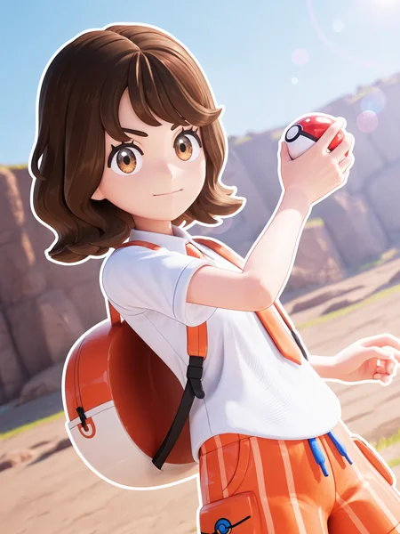 <lora:OMS_Juliana_Biribiri:1> 3d, render, oms_juliana_biribiri, 1girl, brown eyes, white collared shirt, orange tie, backpack, orange shorts,
looking at viewer, serious, happy,
amazing quality,very aesthetic,absurdres,newest, BREAK depth of field, blurry background, dutch angle, dynamic angle, white outline, lens flare,
outdoors, dynamic pose, holding, pokeball