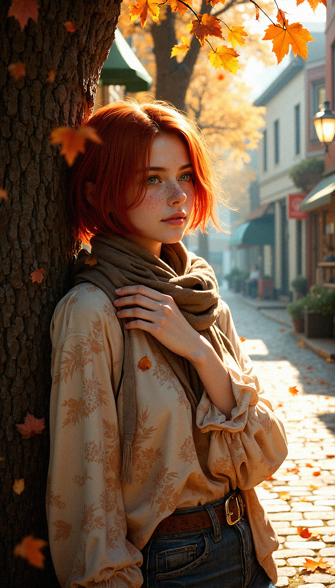 Create a photorealistic close-up featuring a glamorous young beauty with vibrant red hair in a small-town street scene during autumn. She is wearing A flowy blouse with earthy patterns and subtle bell sleeves for added style.With her face partially hidden by her scarf,
 Her short, tousled bob frames her freckled face, capturing the soft light from nearby streetlamps. The cobblestone pathway is sprinkled with fallen leaves in shades of orange and yellow, and the street is lined with charming brick buildings. Trees with autumn foliage add color to the scene, while a gentle mist envelops the background, adding depth and tranquility. The woman’s expression is thoughtful, as she gazes away from the camera, lost in contemplation. The overall atmosphere is warm and nostalgic, with soft shadows enhancing the realism and capturing the essence of a peaceful autumn day in a quaint town.Subtle mist enveloping the street for a dreamy effect.Detailed textures on the brick pathway.Realistic light reflections in the shop windows.Natural texture on her hair strands.

Leaning against a tree, one hand resting on the bark, as she takes in the peacefulness of the small-town street.


