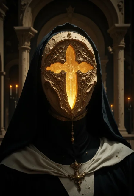 A close-up surreal portrait of a gothic nun, dressed in an ornate black and white habit, standing solemnly in a dark, shadowy environment. Her body posture is perfectly still, her hands are behind her back and her head is a hollow, featureless piece of carved wood, shaped into a smooth, rounded form without facial features. In the center of the wooden head, there is a prominent cross-shaped cutout, its edges smooth and precise, creating a clean geometric void where the face should be. From within the hollow head, a golden light glows softly, its rays streaming through the cross-shaped cutout, casting narrow beams of light into the darkness. The light is warm and ethereal, creating a holy, almost divine aura around her head, illuminating the inner wooden textures with a subtle golden glow as she looks slightly upwards and to the right. The rays of light extend outward in delicate, narrow lines, piercing through the darkness and illuminating tiny dust particles floating in the air, giving the scene a dreamlike, mystical atmosphere. The wooden head is smooth and polished, reflecting the golden light faintly along its curved surface. The cross-shaped cutout is the only break in the perfect wooden form, drawing the viewer’s focus to the emptiness within. The background is dark and minimalistic, with the faint outlines of ancient stone arches, reminiscent of a Gothic cathedral, barely visible in the shadows. The distant silhouettes of candles flicker dimly.