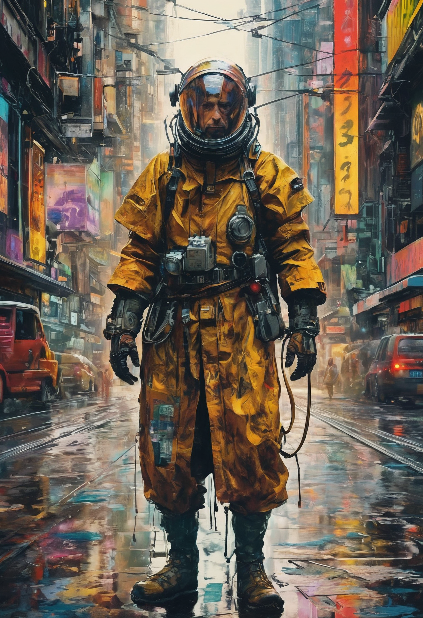 Digital artwork, a time traveller, sent from a distant future longer after humanity birthed ASI, 8k, hdr, masterpiece, highly detailed, style blend of Yoji Shinkawa and Greg Rutkowski, colorful and vibrant