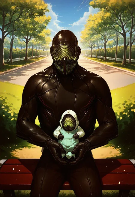 score_9, score_8_up, score_7_up, score_6_up, score_5_up, score_4_up, detailed background, stalkerwf sittingnon a bench while holding a baby, outside, park, tree, sky, upper body, StalkerWF, black body, green mask, looking at viewer, sitting on a bench, bench, green glow, eyeless, male, in a public park, trees,daytime, rays of light , cradling a baby, park background