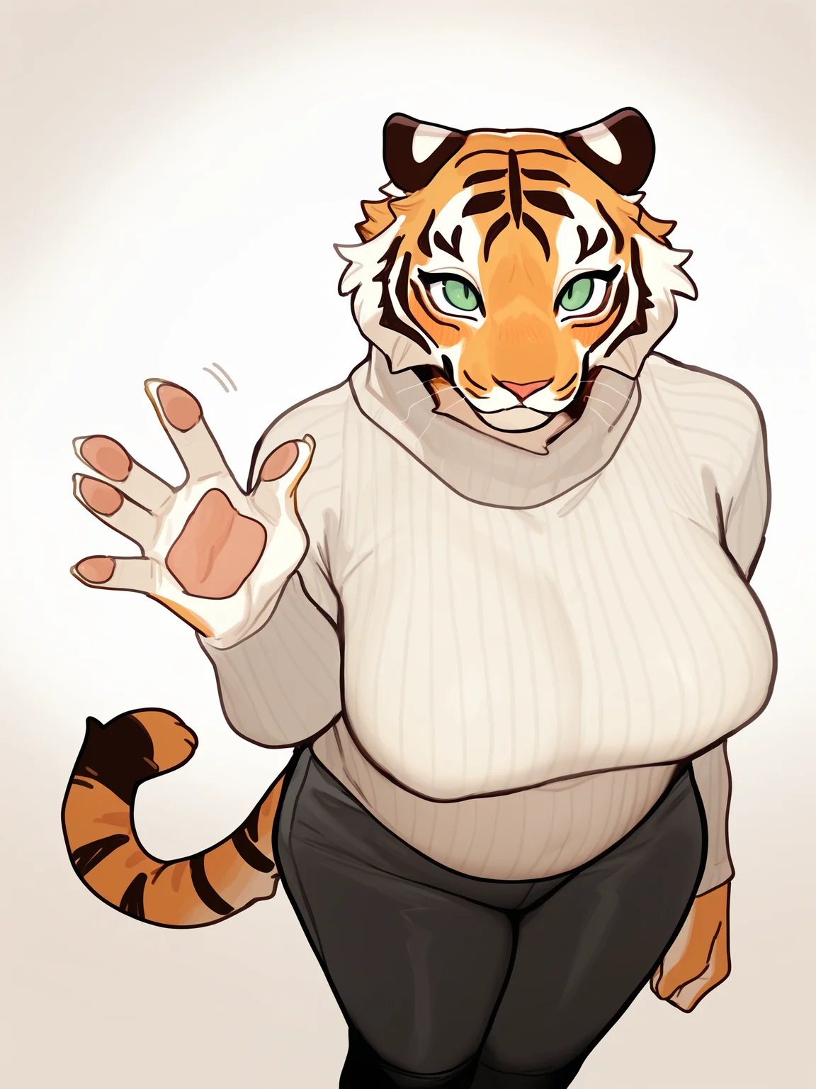 (masterpiece, best quality, very aesthetic, absurdres, artist:bebebebebe, gradient background ) 1girl, large female, solo, tiger, anthro, furry, felid, pawpads, waving, green eyes, turtleneck sweater, ribbed sweater, high-angle view, from above, looking up, foreshortening, pants, blush, chubby, big breasts  <lora:Bebebebebe_Style_Ill_V2:1>