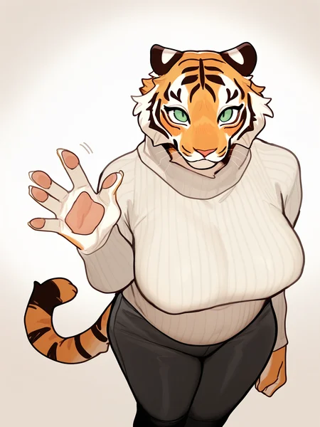 (masterpiece, best quality, very aesthetic, absurdres, artist:bebebebebe, gradient background ) 1girl, large female, solo, tiger, anthro, furry, felid, pawpads, waving, green eyes, turtleneck sweater, ribbed sweater, high-angle view, from above, looking up, foreshortening, pants, blush, chubby, big breasts <lora:Bebebebebe_Style_Ill_V2:1>