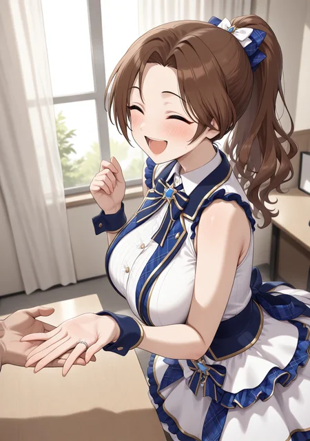 masterpiece, best quality, absurdres, perfect lighting,shiny skin,<lora:StS-Illustrious-Detail-Slider-v1.0:3>,<lora:illustrious_noobai_epsilon_pred_1_best_quality_v1:1>,1girl,huge breasts,kawashima mizuki,brown hair,long hair, parted bangs,ponytail,<lora:kawashima_mizuki:1>,brown eyes,tareme,idol,frill dress,white dress,ring, jewelry,
BREAK laughing,smile,closed eyes,open mouth,blush,handshake event,from side,table,depth of field,holding hands, indoor,curtain background, <lora:handshake event:1>