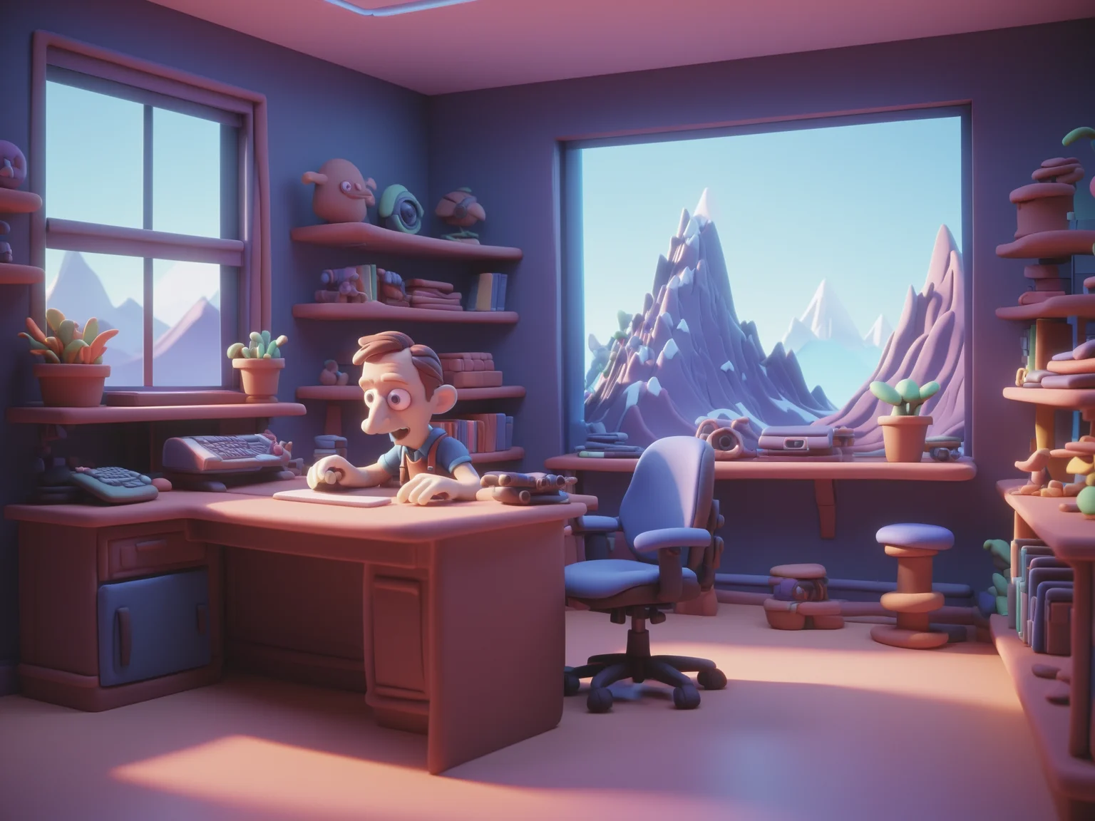 3D Animation Creating three-dimensional objects using digital tools breathtaking falconsight <lora:FF_Style_-_James_v2164:1> James Gilleard Style, a colorful claymation, 3D, sculpture made-of-clay a room with a desk, bookshelf, and a window, mountains in the background, interior art, artstation hq, inspired by James Gilleard, 3d render beeple, very coherent stylized artwork, award-winning, professional, highly detailed, <lora:DD-made-of-clay-XL-v2:1> made-of-clay, often for games, films, or virtual environments., 3D Animation, often for computer-generated imagery, three-dimensional modeling, or virtual cinematography.