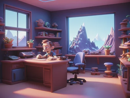 3D Animation Creating three-dimensional objects using digital tools breathtaking falconsight <lora:FF_Style_-_James_v2164:1> James Gilleard Style, a colorful claymation, 3D, sculpture made-of-clay a room with a desk, bookshelf, and a window, mountains in the background, interior art, artstation hq, inspired by James Gilleard, 3d render beeple, very coherent stylized artwork, award-winning, professional, highly detailed, <lora:DD-made-of-clay-XL-v2:1> made-of-clay, often for games, films, or virtual environments., 3D Animation, often for computer-generated imagery, three-dimensional modeling, or virtual cinematography.