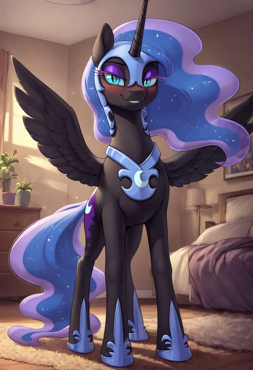 score_9, score_8_up, score_7_up, score_6_up, pony, alicorn, feral, mare, solo, (nightmare moon), no breasts, bedroom, indoors, (night:1.1), tail, photo_realistic, blushing female, anatomically correct, looking at you, standing, front view, smirk, inviting look