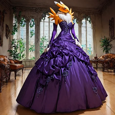 three_quarter_view ,score_9, score_8_up, score_7_up, score_6_up, score_5_up, score_4_up, source_furry, rating_explicit,
Renamon at a beautiful night ball wearing a purple colored ball gown and dancing