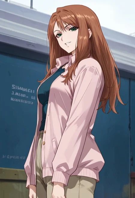 zPDXL3, score_9_up, score_8_up, score_7_up, (Anime_source), 1girl, RikaNoyamano, light green eyes, brownish hair, long hair, mole under eye, Daily clothes, from side, viewer, cowboy shot, looking at viewer, smile, parted lips