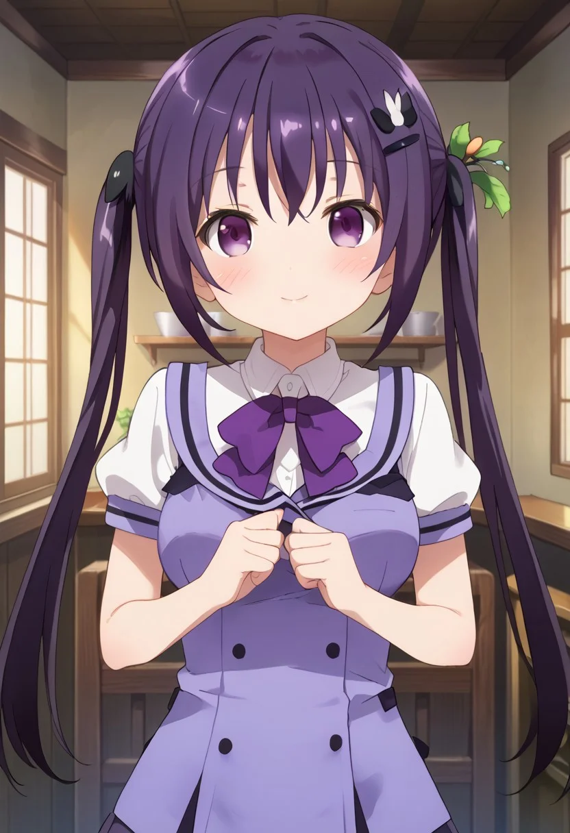 score_9, score_7_up,1girl, looking at viewer, blush, breasts,(purple hair, purple eyes, twintails, hair ornament, rabbit hair ornament, rabbit house, rabbit house uniform, rabbithouse summer, short sleeves), looking at viewer, solo, highres, zPDXL3, detailed face, head tilt, tilted head, short, short girl, ((front view)), standing,happy