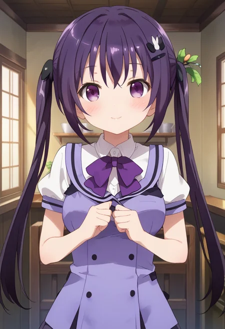 score_9, score_7_up,1girl, looking at viewer, blush, breasts,(purple hair, purple eyes, twintails, hair ornament, rabbit hair ornament, rabbit house, rabbit house uniform, rabbithouse summer, short sleeves), looking at viewer, solo, highres, zPDXL3, detailed face, head tilt, tilted head, short, short girl, ((front view)), standing,happy