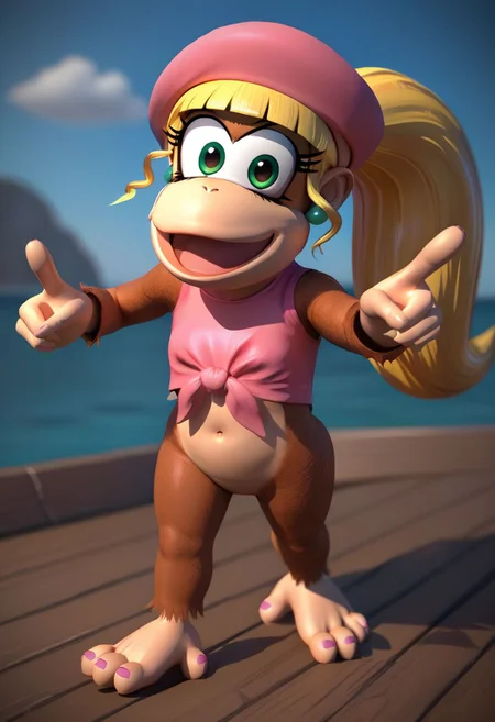 (source_furry, source_cartoon, score_9, score_8_up, score_7_up:1), solo female, dixie kong, looking at viewer, smile, open mouth, 3d, winking, pointing