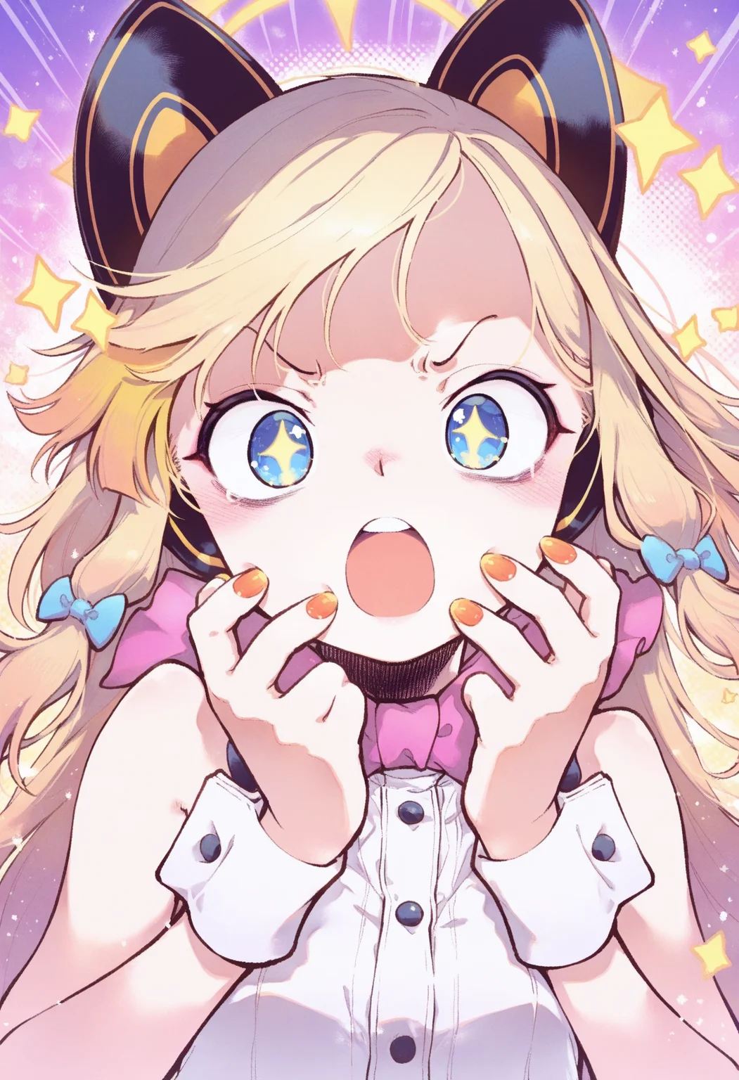 masterpiece,best quality,amazing quality,
1girl, solo, long hair, orange nails, blonde hair, blue eyes, open mouth, animal ears, upper body, bow, star-shaped pupils, nail polish, looking at viewer, symbol-shaped pupils, star (symbol), jewelry, bangs, sparkle, wrist cuffs, bare shoulders, shirt, hands up, +_+, multicolored hair, sleeveless,
<lora:Suzuki Kyoutaro-000009:1>