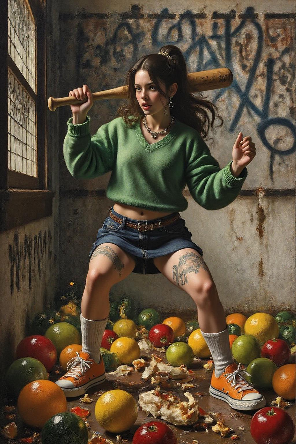 janver1 painting of  liquid splash, cartoonish juicy fruits chaos, dynamic pose, dynamic camera, a fashion shoot, an illustration of a woman threateningly holding a baseball bat in her hands, full body tattoo, wearing green short sweater, miniskirt, knee socks, orange sneakers, aggressive facial expression, wall with graffiti in the background,   <lora:janver3_handc_d6a3e13:1.0><lora:806216828335621729:0>