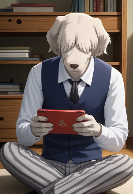 score_9_up, score_8_up, score_7_up, masterpiece, best quality, amazing quality, very aesthetic, absurdres, newest,  high quality, detailed, male, solo male, Collot, 1boy, mature male, male, athletic build, anthro, english sheepdog, animal ears, bangs covering eyes, white fur, floppy ears, white collared shirt, blue vest, black tie, grey striped pants, dorm room, smiling, sitting cross legged on floor, holding handheld game console, looking up at viewer