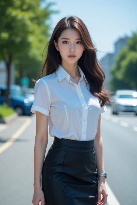[25][24_94]Against a soft, true gradient blue background, a stunning real large breasts Japanese woman with long, flowing dark hair, her piercing gaze directly addressing the viewer. skirt, car, tree, outdoors, motor vehicle, white footwear, ground vehicle, shirt, black skirt, white shirt, road, watch, looking at viewer, short sleeves, wristwatch, standing, brown eyes, day, shoes, pencil skirt, photo background, collared shirt, lips , <lora:flux-RealismLora :1>, <lora:YunaFluxV1:0.7>, cinematic light, ultra high res, 8k uhd, intricate details, Movie Light, film grain, dreamlike, perfect anatomy, best shadow, delicate, RAW,