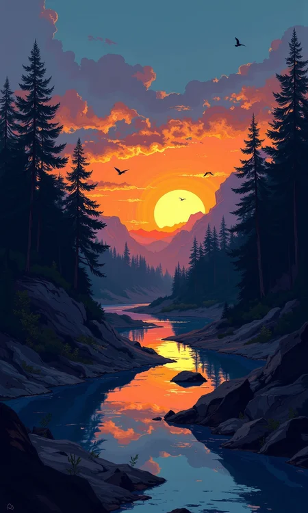 Full shot of a stylized landscape painting.
A serene valley, deep within a forest, is depicted at sunset.
The foreground showcases a calm, dark-toned river winding through the valley. Rocky outcrops and shorelines are visible along the river's edge. The color palette shifts from deep blues and purples in the sky to warm oranges and yellows around the setting sun.
Dense, dark silhouettes of evergreen trees line the valley's sides, creating a frame around the valley floor.
The sky is a gradient of deep blues, transitioning to a vibrant orange and gold as the sun descends, creating a dramatic and impressive sunset. A few small, dark silhouettes of birds are scattered across the sky, adding a subtle touch of movement to the otherwise tranquil scene.
The atmosphere is serene and peaceful, with the sun as the focal point and the silhouettes of the trees and other elements enhancing the peaceful ambiance. The image's style leans towards a digital painting or graphic illustration, rather than a photorealistic rendering.
<lora:FLUX-daubrez-DB4RZ-v2:1> DB4RZ, DB4RZ style painting