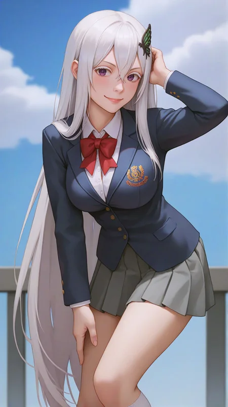 zPDXLxxx,score_9,score_8_up,score_7_up,realistic,masterpiece,best quality,perfect anatomy,very aesthetic,absurdres,
<lora:Quality tweaker_last:-2>,
<lora:Breast Slider - Pony_alpha1.0_rank4_noxattn_last:2>,
<lora:azurlaneXLP6lokrV4236T2:0>,
solo,blush,smile,
from side,from below,adjusting hair,arm behind head,bent over,
<lora:Echidna PonyXL Anzhc v1.6:1>,
echidna,purple eyes,white hair,hair between eyes,very long hair,butterfly hair ornament,
school uniform,red bowtie,blazer,blue jacket,collared shirt,white shirt,grey skirt,pleated skirt,white socks,kneehighs,shoes,