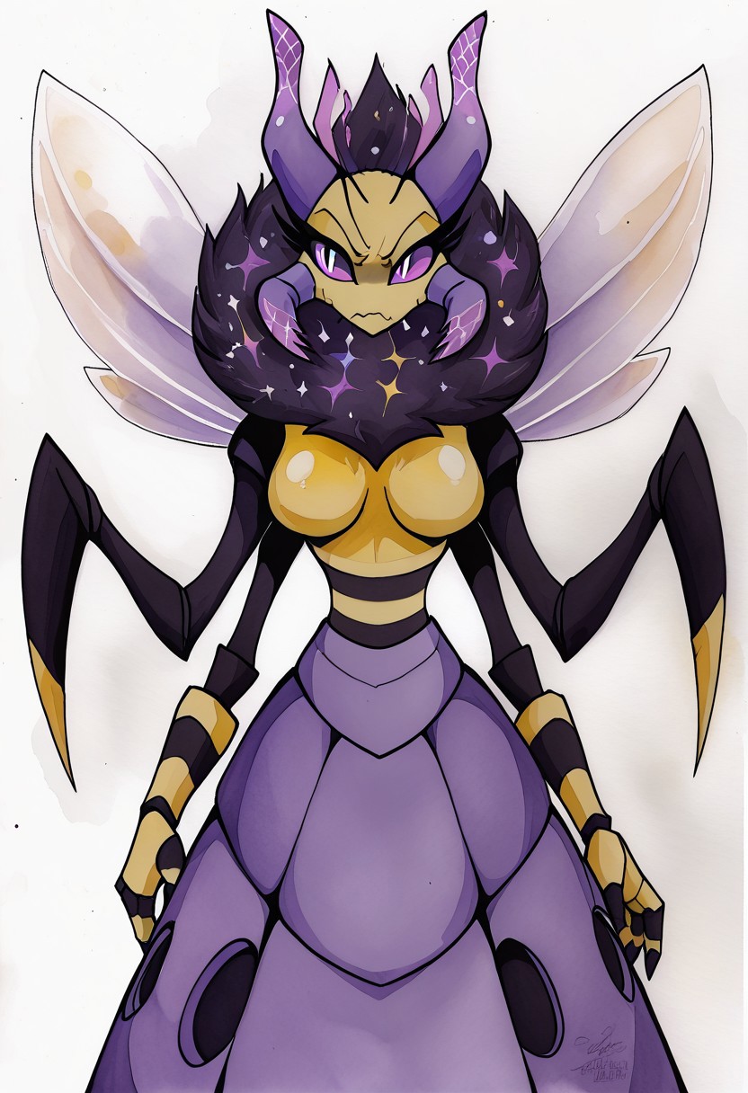 hivemine_(retrospecter), arthropod girl, absurd_res, hi_res, antennae_(anatomy), arthropod girl, bee, bee girl, arthropod abdomen, anthro, 4 arms, mandibles, hivemore form, dress, purple dress, looking at viewer, light purple eyes, serious, serious expression, (wavy mouth), featureless breasts, watercolor \(medium\), traditional media BREAK,
((castle background)), detailed background, detailed,