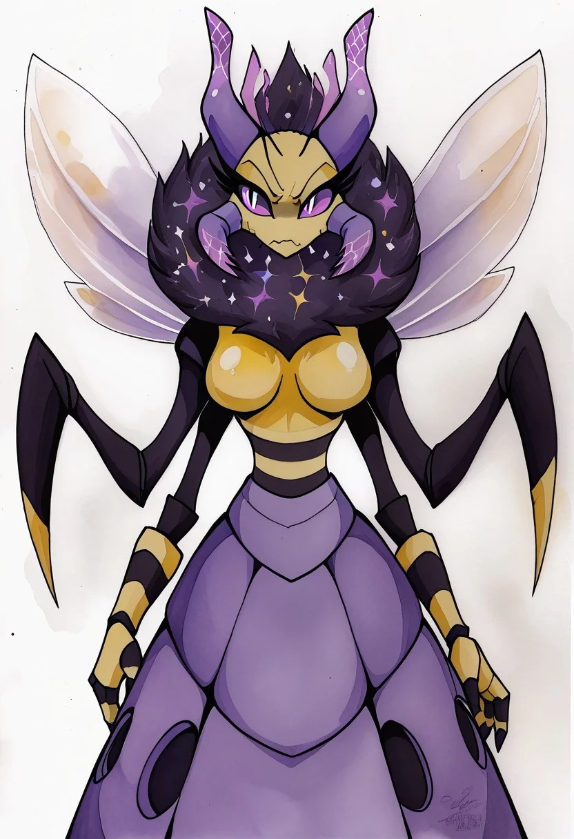 hivemine_(retrospecter), arthropod girl, absurd_res, hi_res, antennae_(anatomy), arthropod girl, bee, bee girl, arthropod abdomen, anthro, 4 arms, mandibles, hivemore form, dress, purple dress, looking at viewer, light purple eyes, serious, serious expression, (wavy mouth), featureless breasts, watercolor \(medium\), traditional media BREAK,
((castle background)), detailed background, detailed,