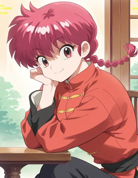 score_9, score_8_up, score_7_up, source_anime, <lora:ranma-saotome-leak-ponyxl-lora-nochekaiser:1>, ranma saotome, braid, red hair, single braid, braided ponytail, red eyes,, pants, chinese clothes, tangzhuang,, indoors, smile, looking at viewer, solo, sitting, head rest, table,, cowboy shot, dutch angle