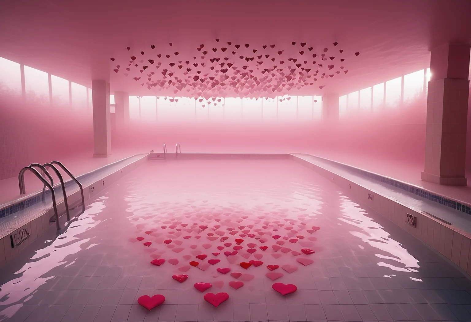 a swimming pool surrounded by pink mist, floating hearts, dimmed light <lora:heartmiststyle-000001:0.9>