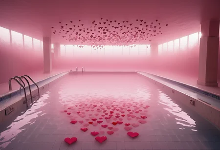 a swimming pool surrounded by pink mist, floating hearts, dimmed light  <lora:heartmiststyle-000001:0.9>