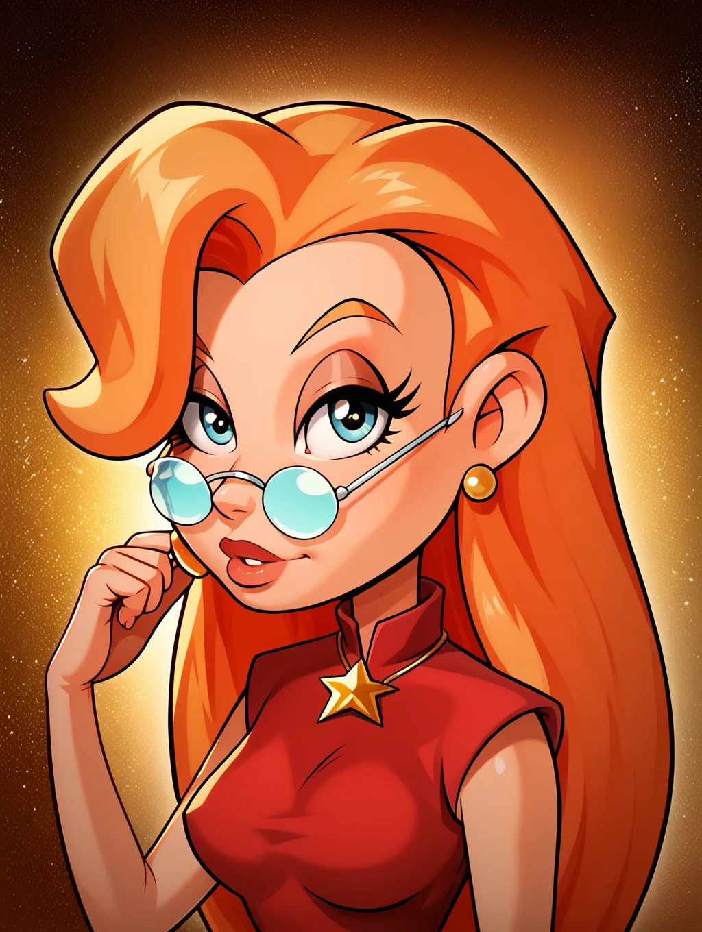 score_9, score_8_up, score_7_up, toon \(style\),ultra high quality,ultra high resolution,ultra ,full body, seductive, very realistic,(extremely detailed), detailed background,,(masterpiece, best quality, high quality, highres, ultra-detailed),toon (style), flat color, <lora:Zelda_Spellman_Sabrina_The_Animated_Series:0.9> zelda spellmann, long hair, orange hair, round eyewear, star necklace, red shirt, earrings, long eyelashes, looking at viewer,portrait,stern expression,looking over eyewear,medium breasts,