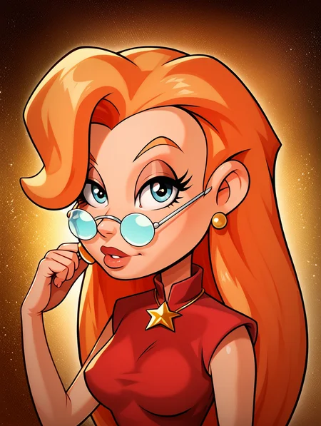 score_9, score_8_up, score_7_up, toon \(style\),ultra high quality,ultra high resolution,ultra ,full body, seductive, very realistic,(extremely detailed), detailed background,,(masterpiece, best quality, high quality, highres, ultra-detailed),toon (style), flat color,  <lora:Zelda_Spellman_Sabrina_The_Animated_Series:0.9> zelda spellmann, long hair, orange hair, round eyewear, star necklace, red shirt, earrings, long eyelashes, looking at viewer,portrait,stern expression,looking over eyewear,medium breasts,