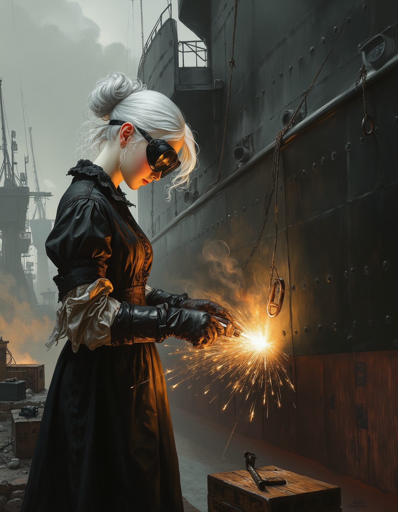 oil painting, ultra high quality, very detailed, a tiny young teen elf teen girl welder in the midst of labor on a War Ship, large Battle ship during the World War II era in 1943. The scene is set at a bustling dockyard, shrouded in early morning fog, with towering cranes looming in the background. She is wears black welding goggles and is clad in worn gloves, and an apron stained with the evidence of hard work. Sparks cascade in vivid bursts as the torch glows brightly against the dark metallic hull of the ship. Her face is delicate, with angular features and luminous, almost ethereal white skin, with small pointed elf ears. She has white hair. The vessel under construction is massive, its riveted steel surface reflecting the interplay of light and shadows created by the welding process. Surrounding the welder are tools, cables, and crates marked with wartime insignias, hinting at the urgency of shipbuilding during the global conflict. close up, ultra detailed, romantic, Oil paint with visible brush strokes, dry brush painting, novuschroma, in the style of Rembrandt. FS, vantablack <lora:style_of_Rembrandt_FLUX_135:.8> <lora:- Flux1 - vanta_black_V2.0:.4> <lora:113_novuschromaFLX_1:.2> <lora:BioInk2FLUX:0.7> <lora:neeeg_f1:-1> <lora:FS_v2:.4>