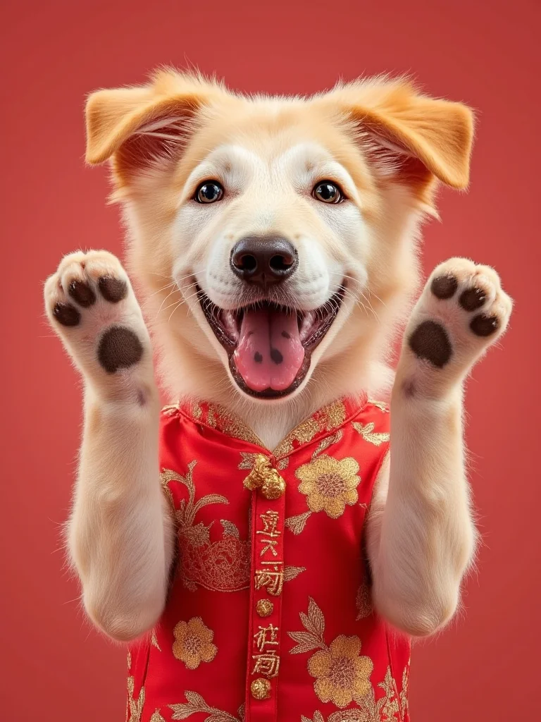 A heartwarming portrait of a golden mongrel (唐狗) standing on its hind legs with both front paws raised and crossed at chest level in the traditional blessing gesture, its friendly face beaming with joy while wearing a festive red silk vest embroidered with golden prosperity symbols. The dog's natural golden fur shimmers as it performs this classic greeting posture, creating an endearing blend of traditional celebration with playful canine charm