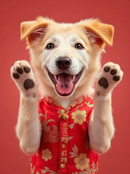 A heartwarming portrait of a golden mongrel (唐狗) standing on its hind legs with both front paws raised and crossed at chest level in the traditional blessing gesture, its friendly face beaming with joy while wearing a festive red silk vest embroidered with golden prosperity symbols. The dog's natural golden fur shimmers as it performs this classic greeting posture, creating an endearing blend of traditional celebration with playful canine charm