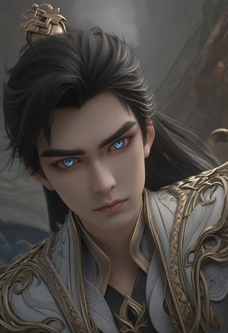 super detailed adult face, score_9, score_8_up, score_7_up, shihao, 1boy, solo, black hair, white dress, blue eyes, ponytail, masterpiece, ultra-realistic 8k, (best quality), (lots of details), (intricate details), (deep blue palette, black palette, gray palette), (dark theme, dark shot, muted colors), (male focus), (view from above), (unique angle), (dutch angle), 1 adult boy, (masculine), (muscule), shiny skin, detailed eyes, blue eyes, long hair, black hair, (smile:0.3), looking at viewer, indoor, dark abandoned room, highres textures, Expressiveh,