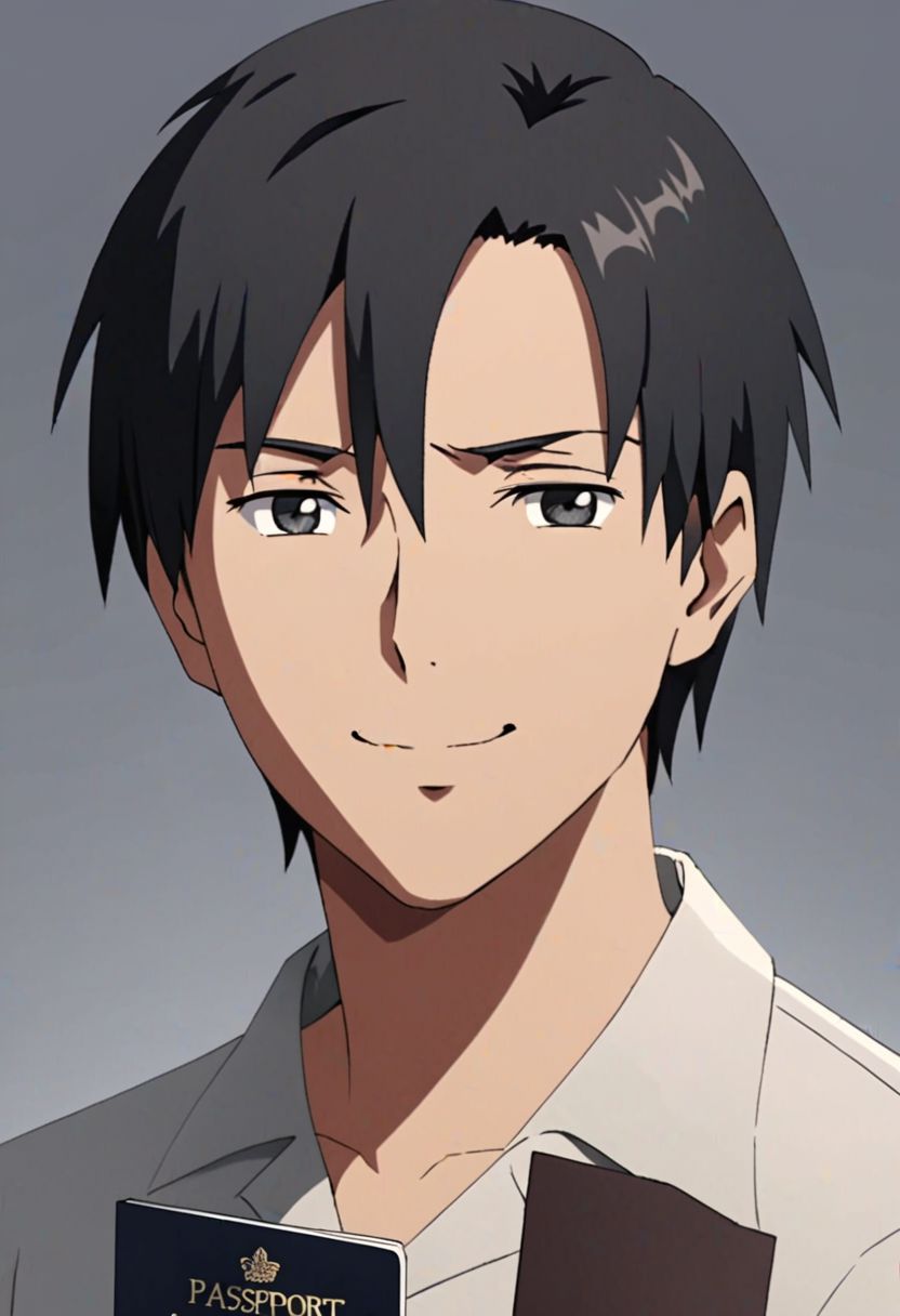 Highres, Masterpiece, High Quality, 4K, 8K, solo, 1Boy, Takaki Toono, adult, black hair, short hair, Shirt, passport_photo_style, looking at viewer, angry, smile, focused gaze forward, plain background, straight body, head upright, easynegative, detailed_eye_model