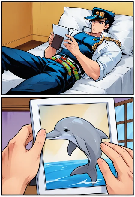 masterpiece, high quality, w0lv3, 2koma, comic, BREAK 1boy, jotaro kujo, lying, on back, holding, photo (object), BREAK animal focus, dolphin,