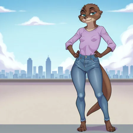 Rivers(Akiric), Solo, 1girl, anthro, furry female, otter, otter girl, brown and tan fur, tail, blue eyes, earrings, small breasts, full body, looking at viewer, standing, purple shirt, denim jeans, hands on hips, smile, city background,