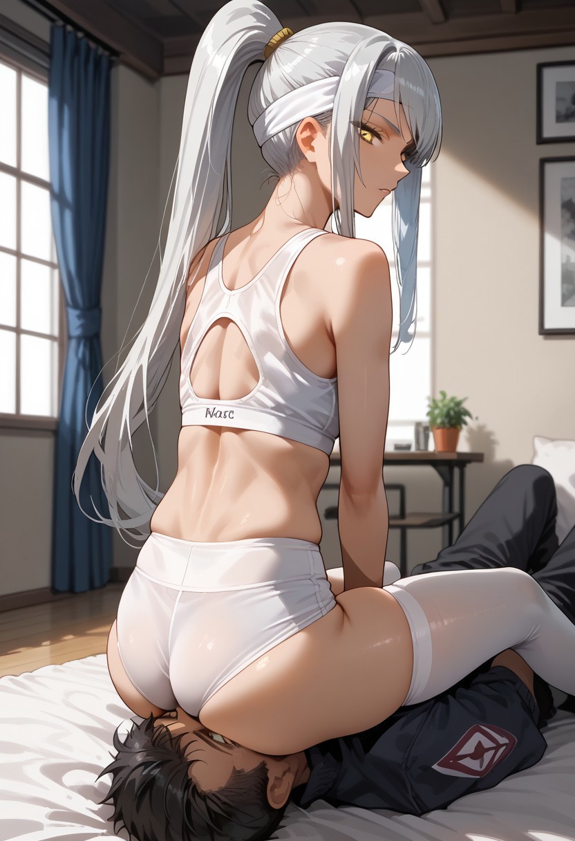 score_9,score_8_up,score_7_up,score_6_up,source_anime, studio lighting, masterpiece, high quality, anime screencap, femdom, hetero, FWF6, full body, rear view,
1girl (KJOVilletta, white hair, yellow eyes, long hair, high ponytail, dark skin, white legwear, white sports bra, white headband, skinny, skindentation, dominant female, sits on face, facesitting),
BREAK
1boy (boy, faceless boy, submissive boy, casual boy clothes)