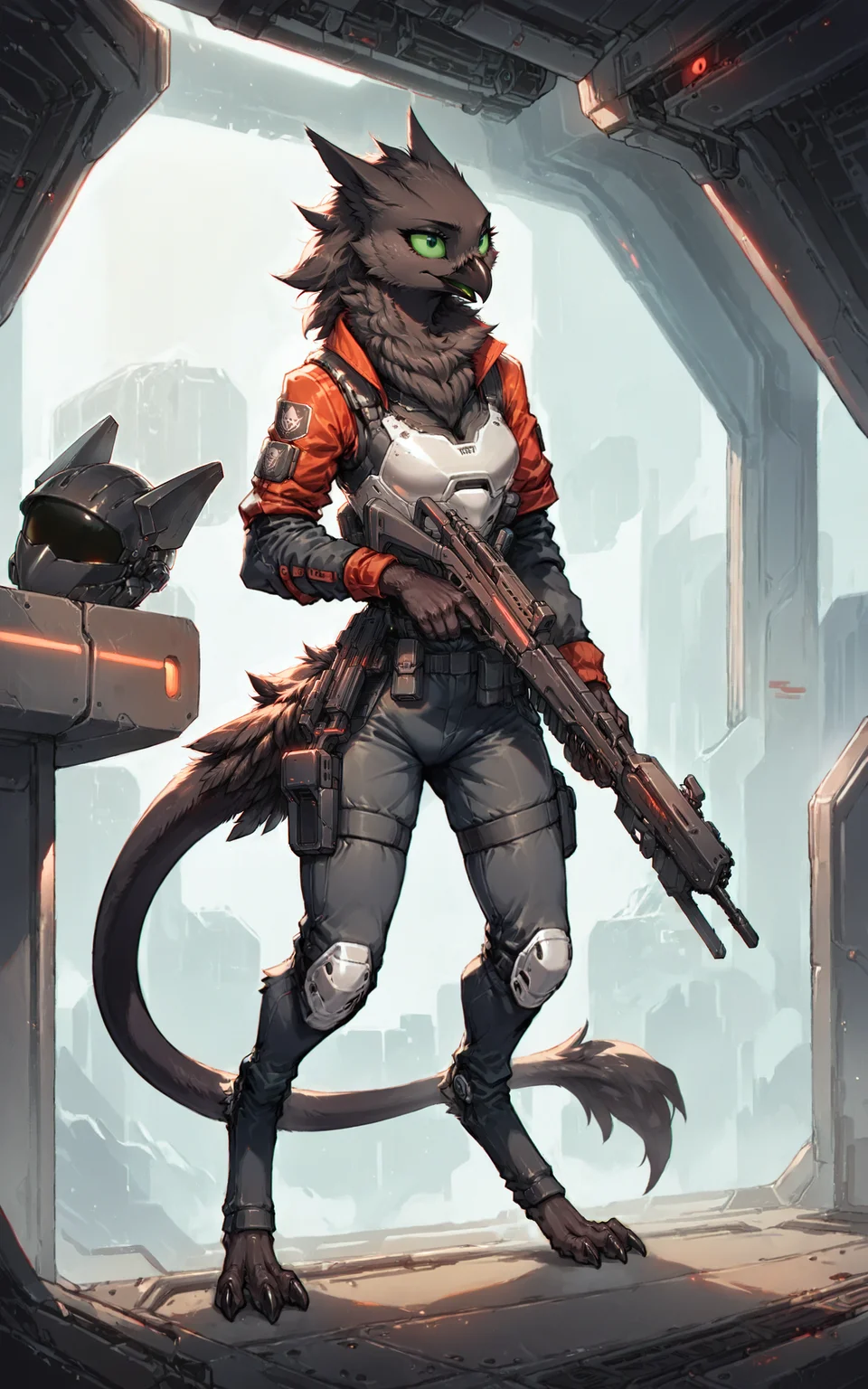 (score_9, score_8_up:1.1), source_furry, helldivers, science fiction, futuristic,
female anthro avian shdw, heavy plate armor, slim, black body, digitigrade, fully clothed, 5 fingers, long tail, 3 toes, neck tuft, (green tongue:0.8), black pupils, green sclera, assault rifle, holding weapon, ranged weapon, tail feathers,
<lora:velari_v0.2.1_pdxl:0.7>, <lora:add-detail-xl:1>, <lora:xl_more_art-full_v1:1>, <lora:helldivers:0.7>,