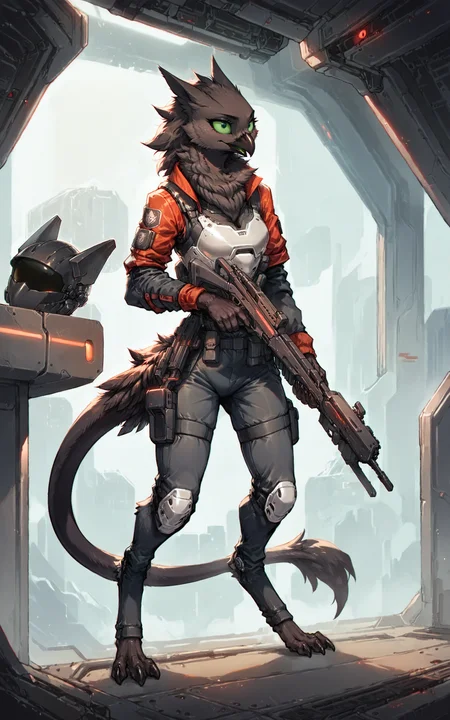 (score_9, score_8_up:1.1), source_furry, helldivers, science fiction, futuristic,
female anthro avian shdw, heavy plate armor, slim, black body, digitigrade, fully clothed, 5 fingers, long tail, 3 toes, neck tuft, (green tongue:0.8), black pupils, green sclera, assault rifle, holding weapon, ranged weapon, tail feathers,
<lora:velari_v0.2.1_pdxl:0.7>, <lora:add-detail-xl:1>, <lora:xl_more_art-full_v1:1>, <lora:helldivers:0.7>,