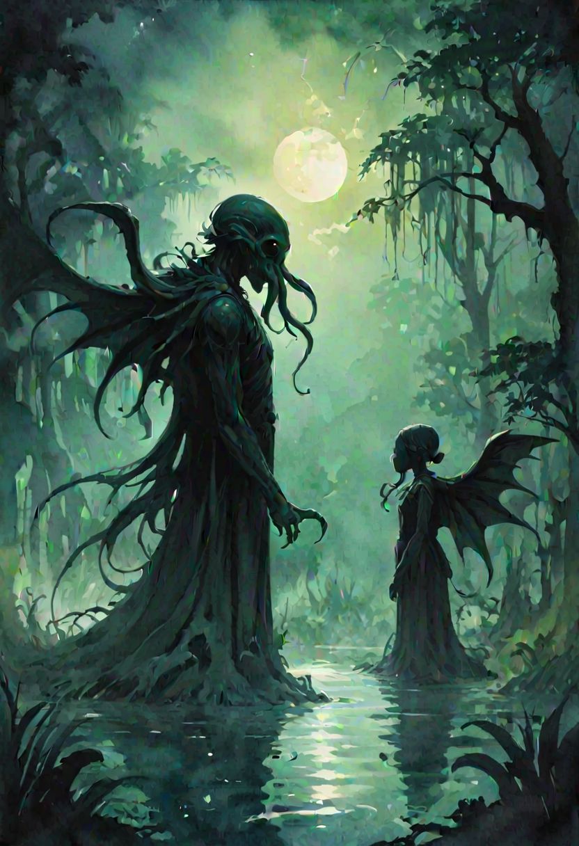Cthulhu, green vapor, eldritch, eerie moon, swamp, by Lois van Baarle and Victor Nizovtsev in the style of Thomas Saliot and Bess Hamiti,  silhouette <lora:silhouette:3.00> <lora:watercolor_v1_sdxl:0.90>